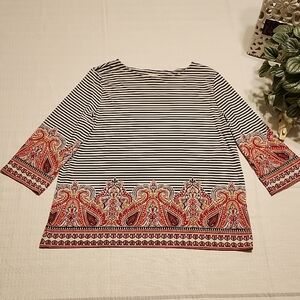 Chico's Black and White Striped Top with Red Paisley